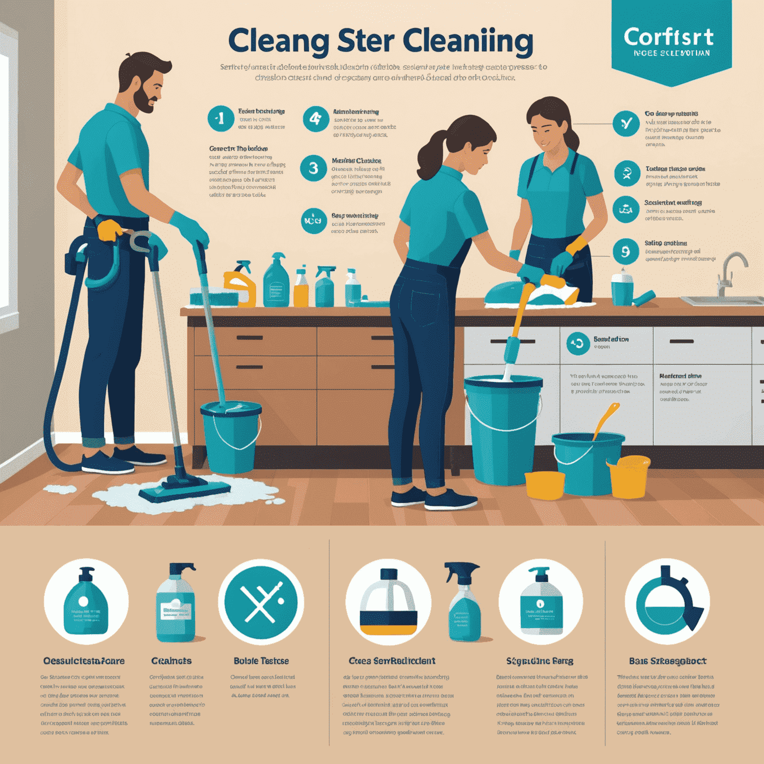 Infographic showing step-by-step cleaning process, from initial assessment to final touches