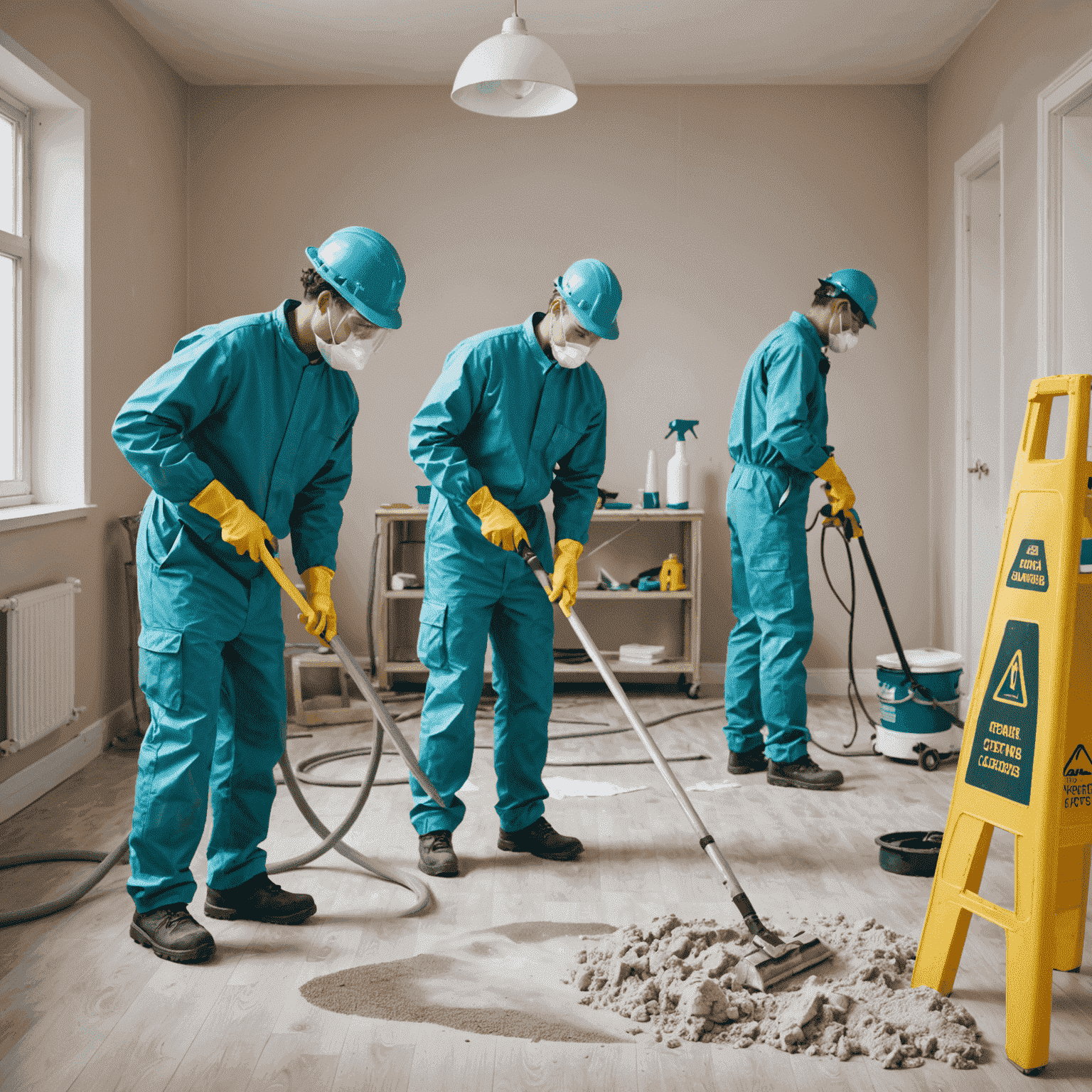 Team of cleaners in protective gear thoroughly cleaning a newly renovated room, removing construction dust and debris