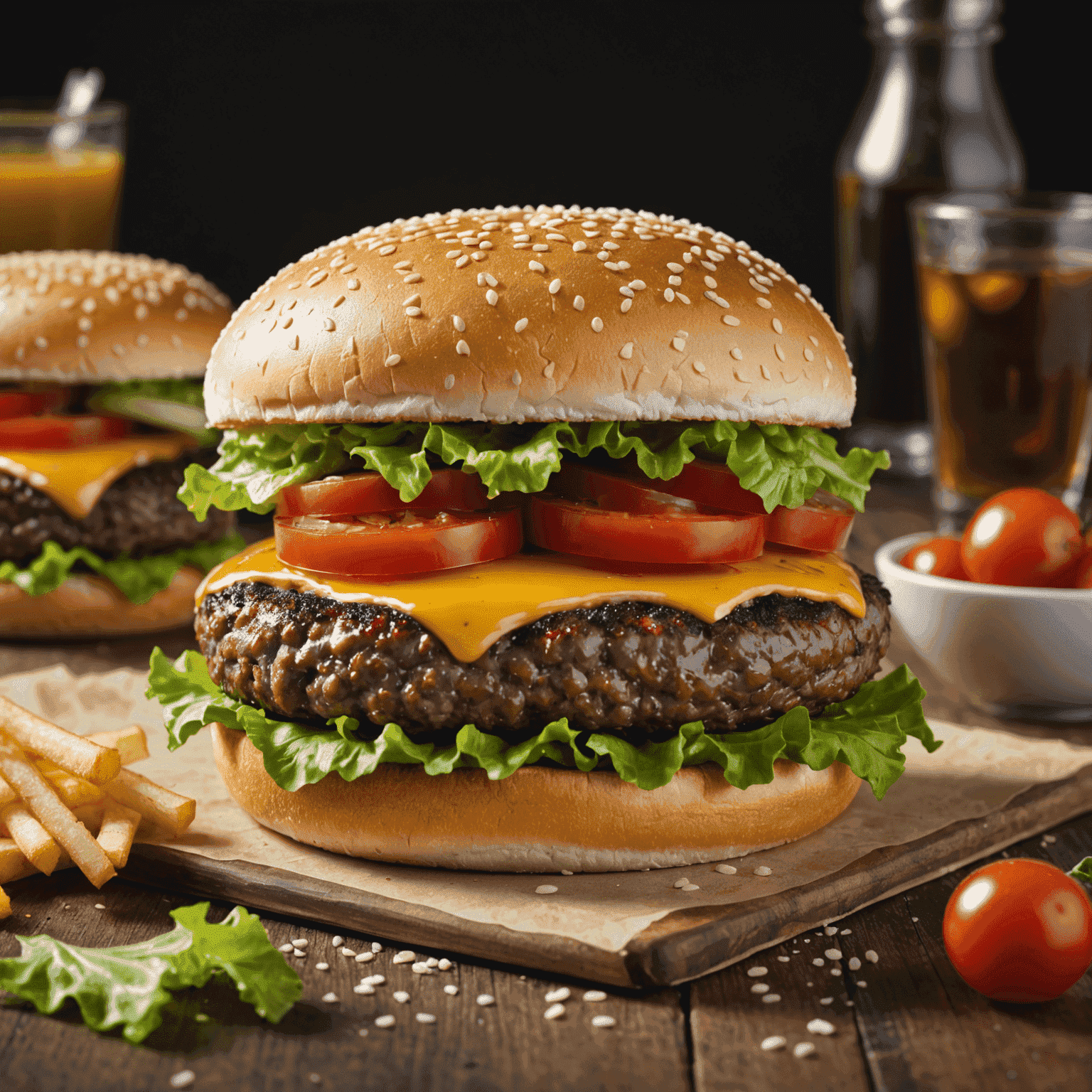 A juicy cheeseburger with lettuce, tomato, and a sesame seed bun