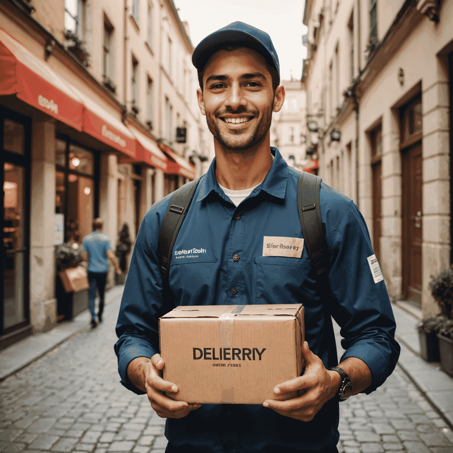 A delivery person holding a food package, illustrating the free delivery offer