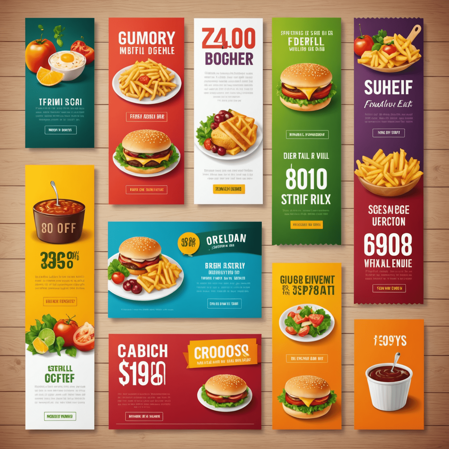 Colorful promotional banners and discount coupons for food items