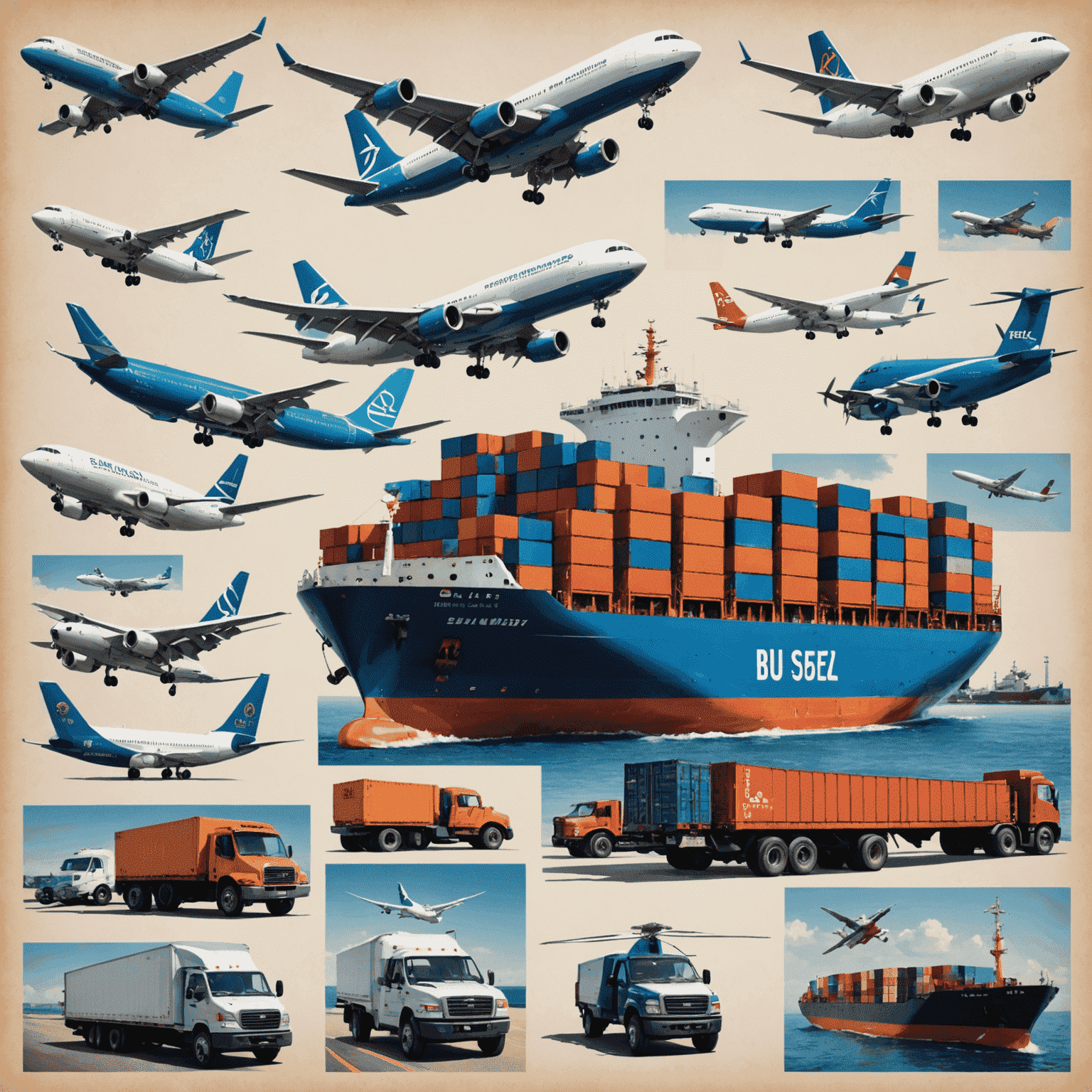 A collage of various modes of transportation including a cargo ship, airplane, and truck, symbolizing firstless's global delivery capabilities