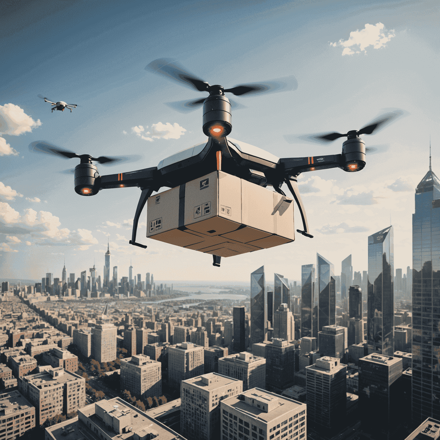 Futuristic delivery drone flying over a cityscape, carrying a package with a digital tracking display