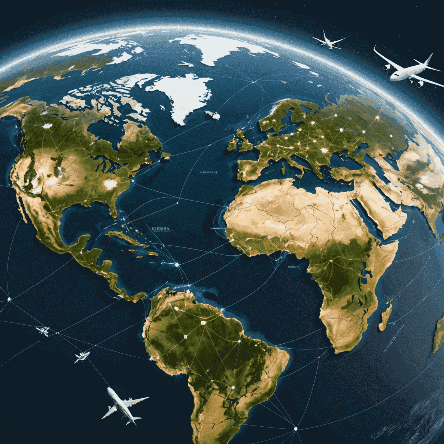 Global shipping network visualization with interconnected routes, cargo ships, airplanes, and trucks moving across continents