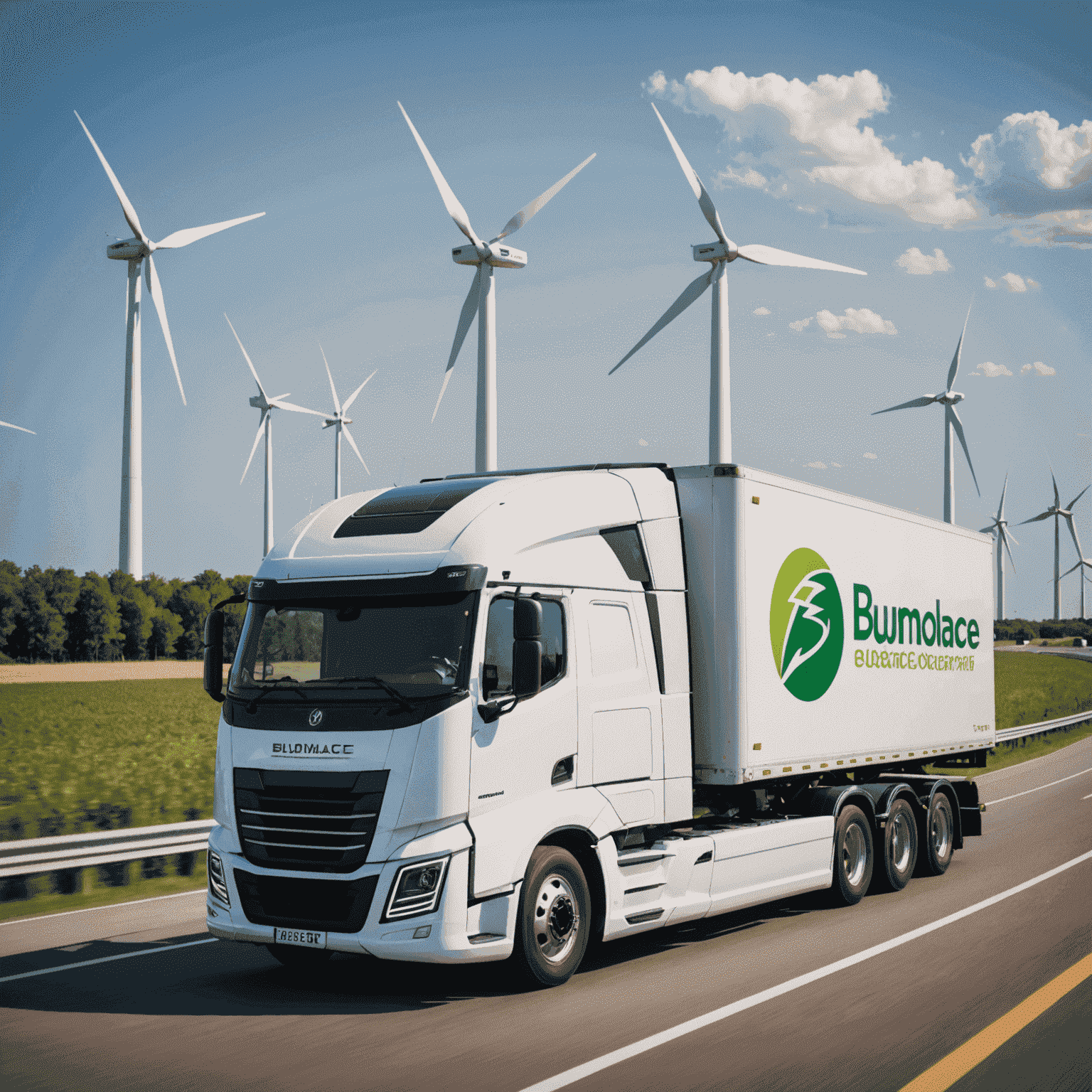 An electric truck with firstless logo, showcasing sustainable shipping solutions, driving on a highway with wind turbines in the background