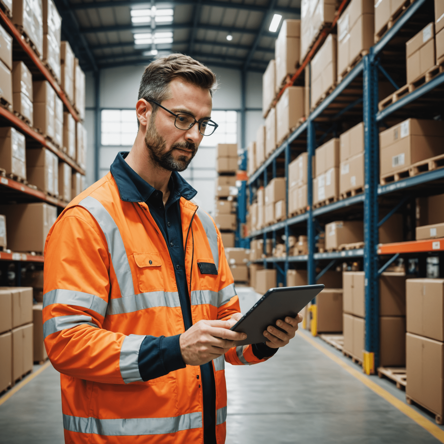 firstless logistics professional using a tablet to manage shipments in a modern warehouse filled with parcels and high-tech sorting equipment