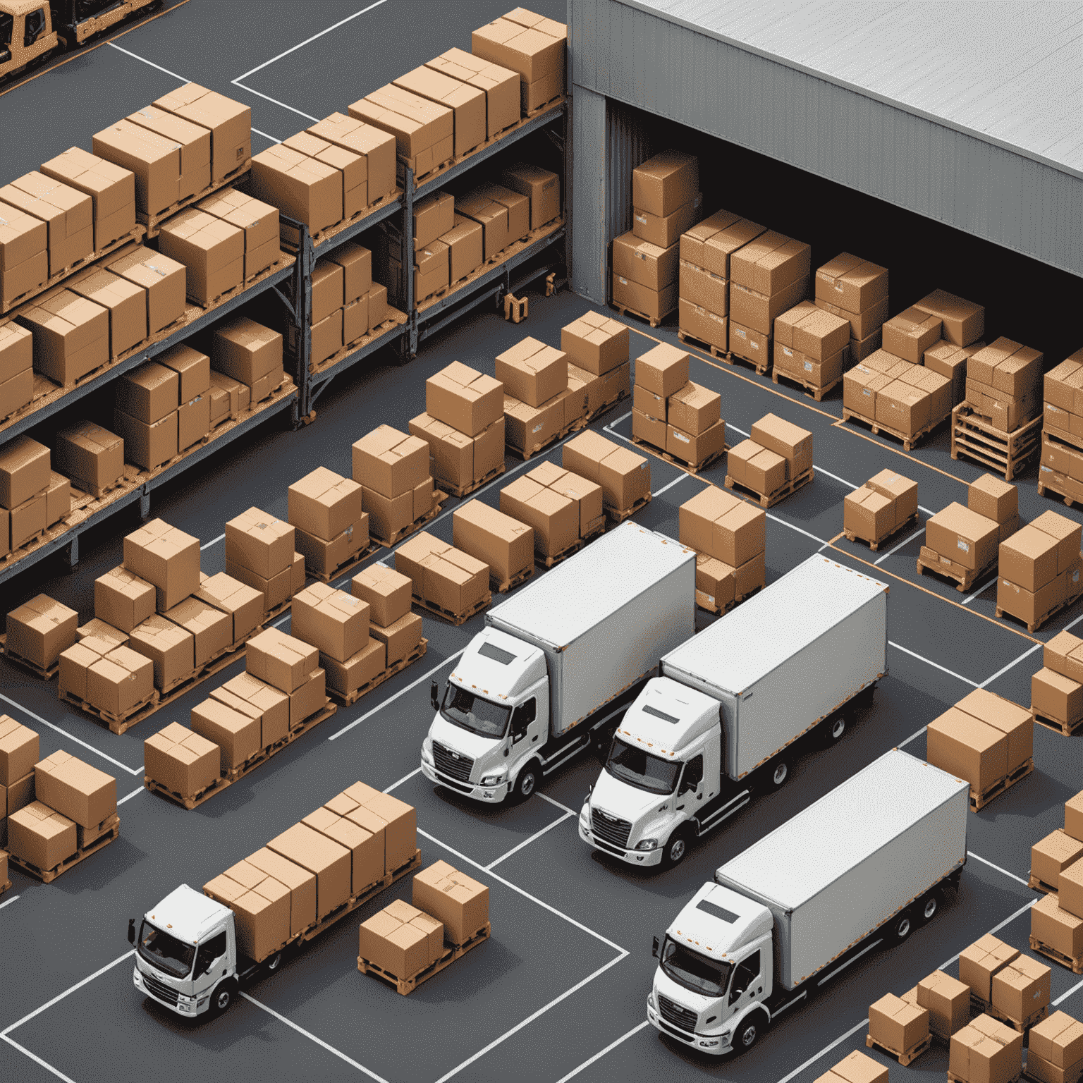 Infographic showing the logistics flow: multiple small packages entering a warehouse, being consolidated, and leaving as one large shipment on a truck, with cost savings and efficiency metrics highlighted