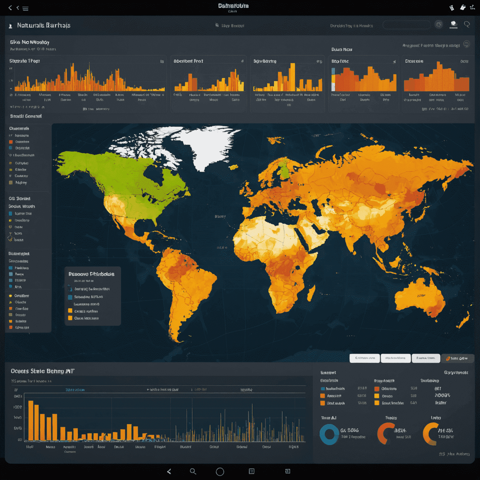 Dashboard showing predictive analytics for global shipping routes with heat maps and trend graphs
